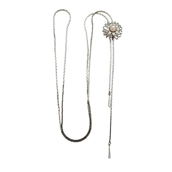 Silver Tone Lariat Genuine Pearl Slider Flower Pendant Necklace L313 - Picture 1 of 5